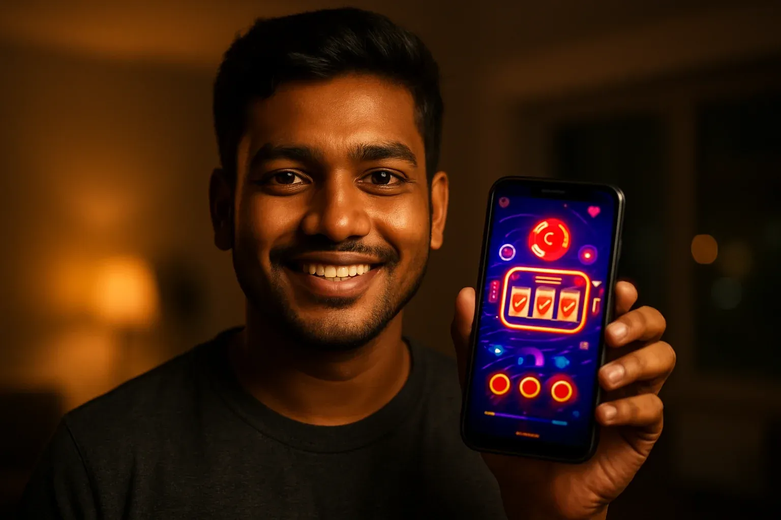 Young Bangladeshi man holding smartphone showing colorful mobile casino app interface