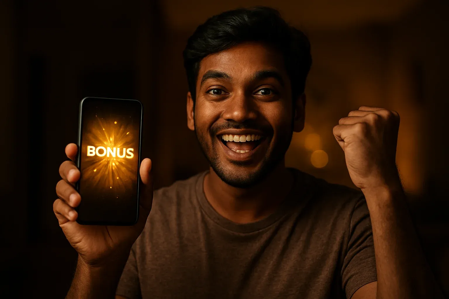 Joyful Bangladeshi man holding smartphone with glowing bonus notification screen