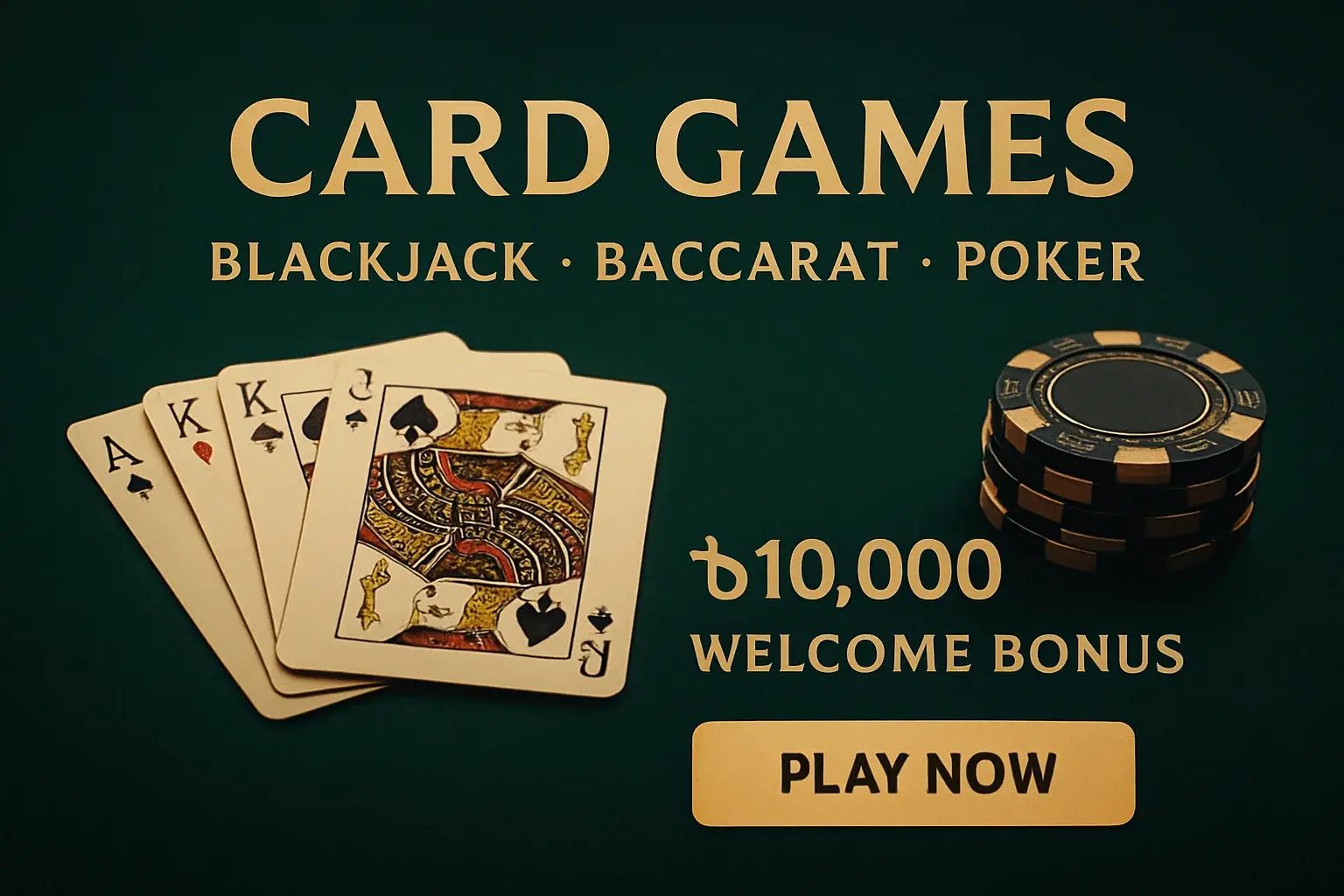 Card games banner with playing cards, chips, bonus, and play button