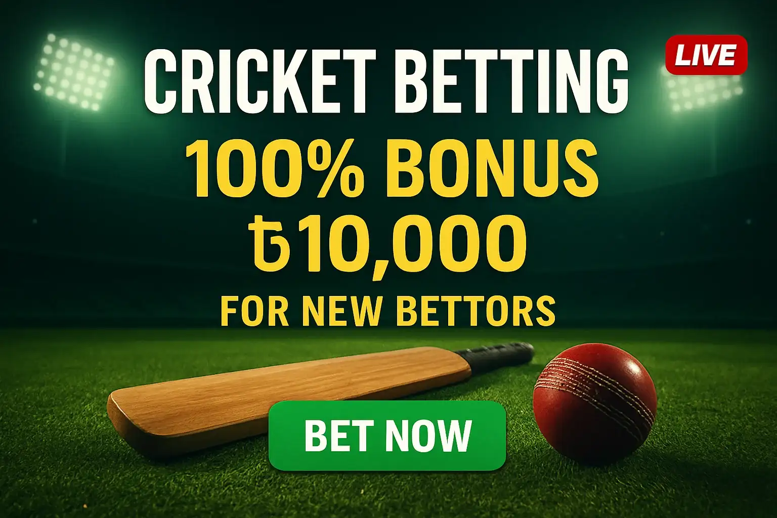 Cricket betting banner with stadium, bat, ball, bonus, and Bet Now button