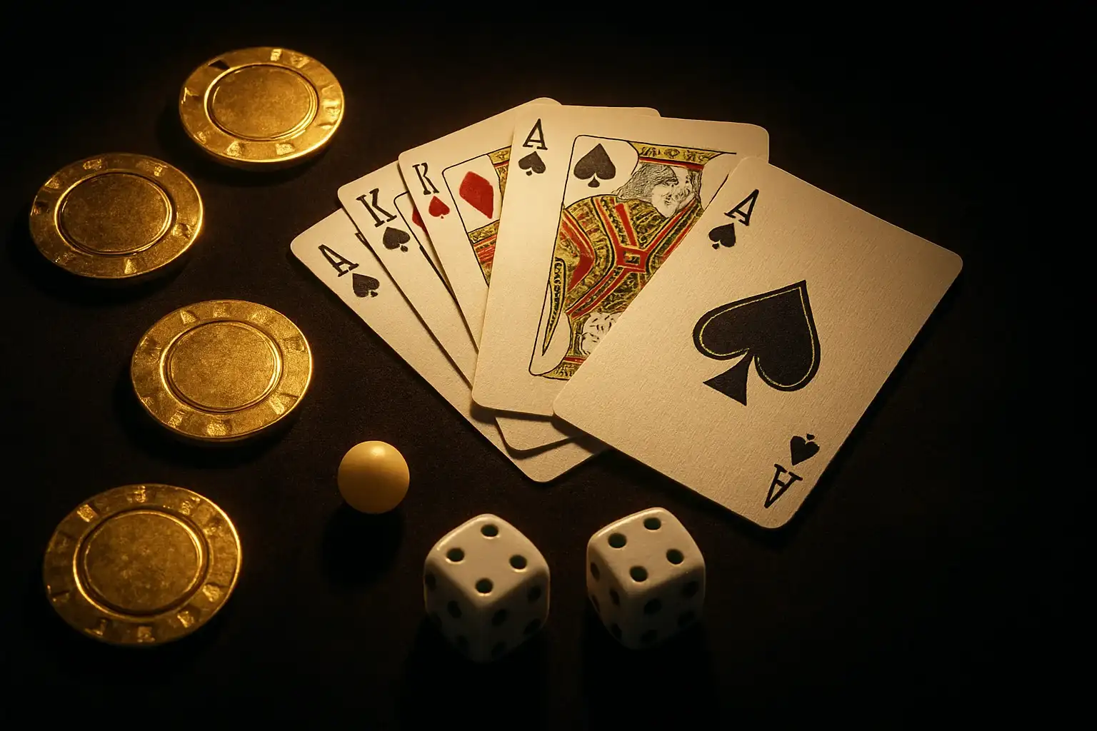 Top-down casino scene with chips, cards, dice, and roulette ball