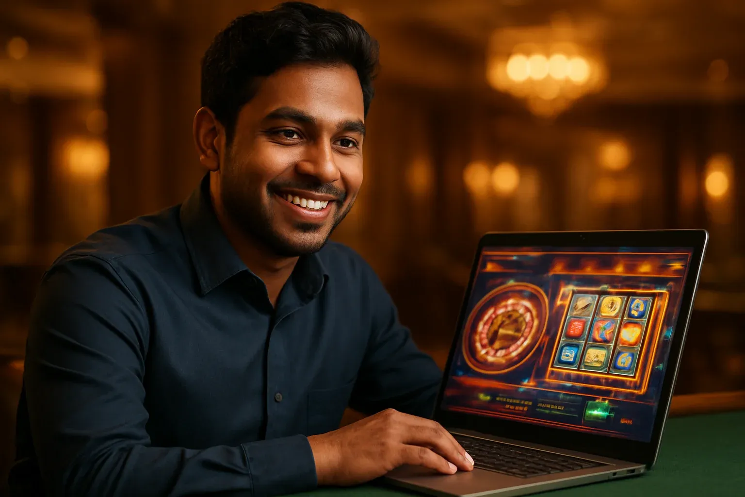 Cheerful Bangladeshi man with open laptop at premium casino lounge