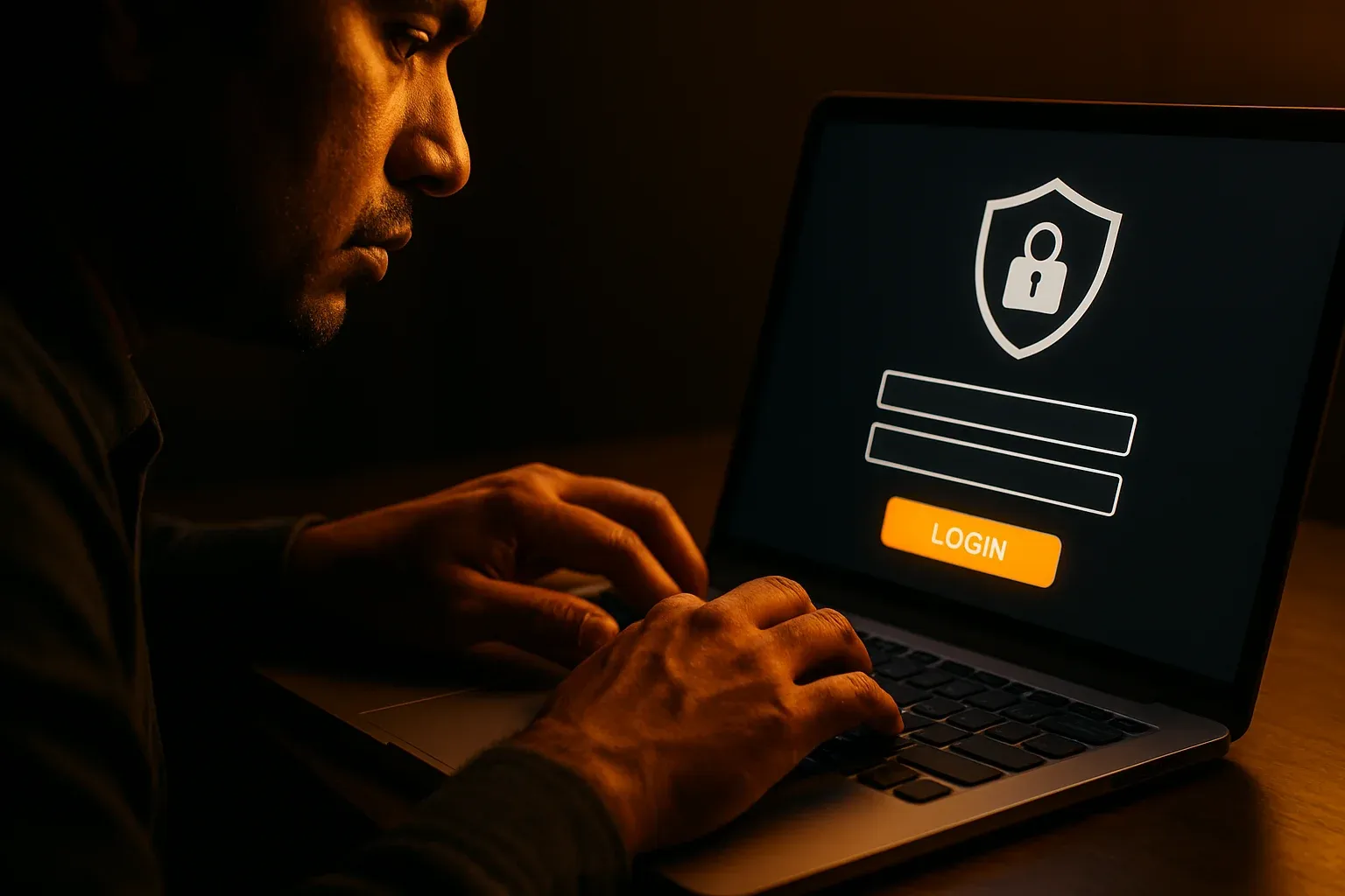 Bangladeshi man's hands on laptop showing stylized login form screen