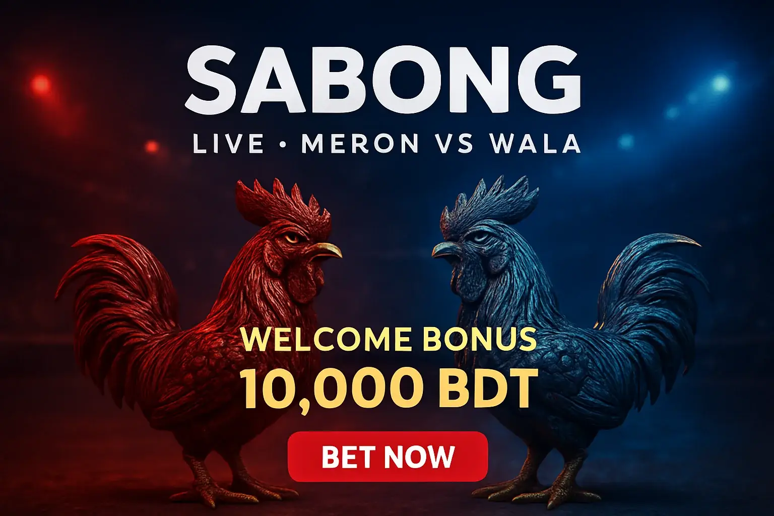 Promotional live sabong banner with decorative rooster figurines and bet button
