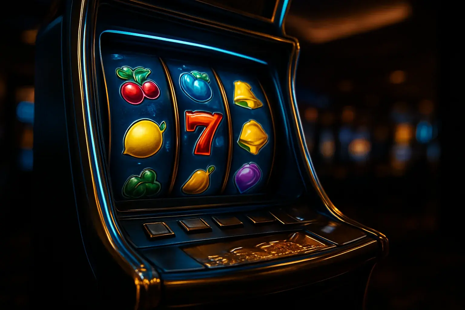 Hyperrealistic premium slot machine with glowing reels in a luxury casino